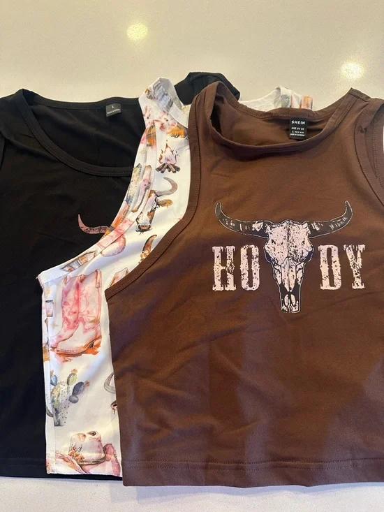 SHEIN Black, White & Brown Western Graphic Crop Tank Tops - Picture 6 of 7